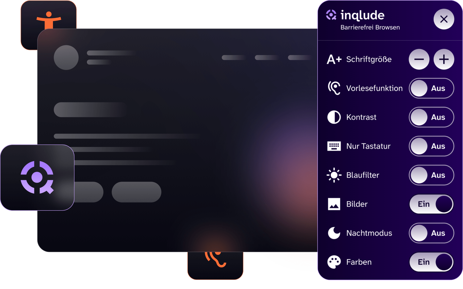 Benutzeroberfläche des inqlude Barrierefrei-Plugins mit geöffnetem Einstellungsmenü. Optionen wie Schriftgröße, Vorlesefunktion, Kontrast, Tastatursteuerung, Blaufilter, Bilder, Nachtmodus und Farben können ein- oder ausgeschaltet werden.