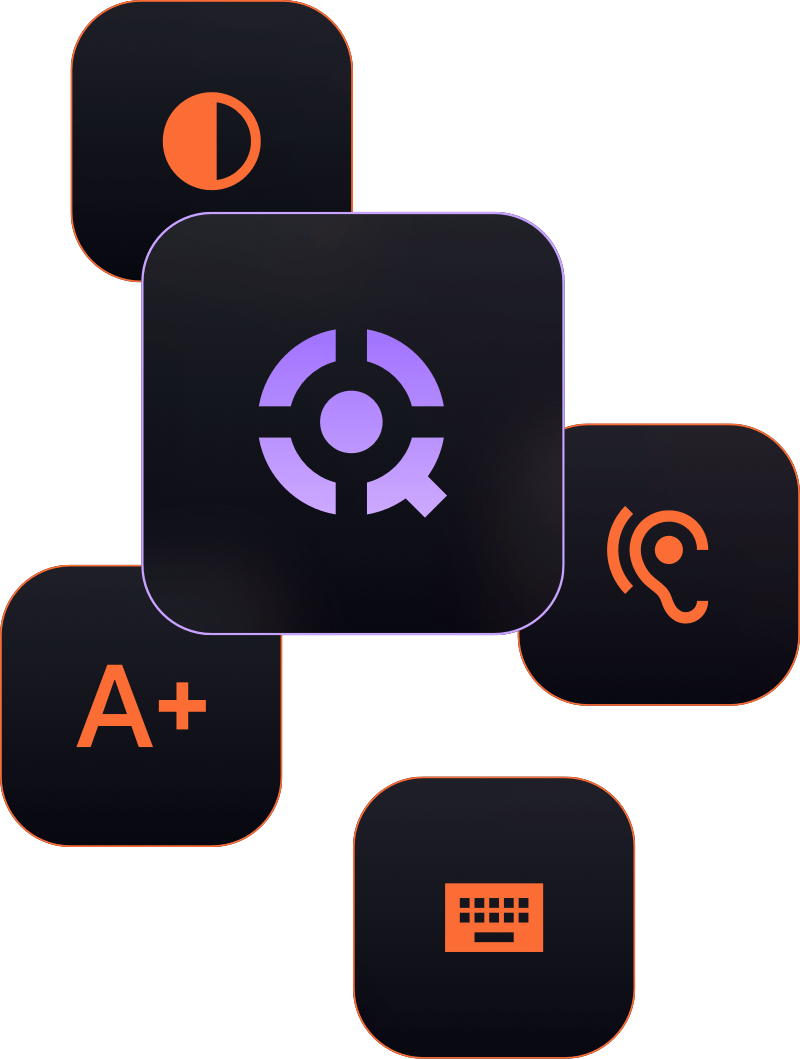 Symbole für Barrierefreiheitsfunktionen: zentrales inqlude-Icon in der Mitte, umgeben von Icons für Kontrast, Vorlesefunktion, Schriftgröße, Tastaturnavigation.