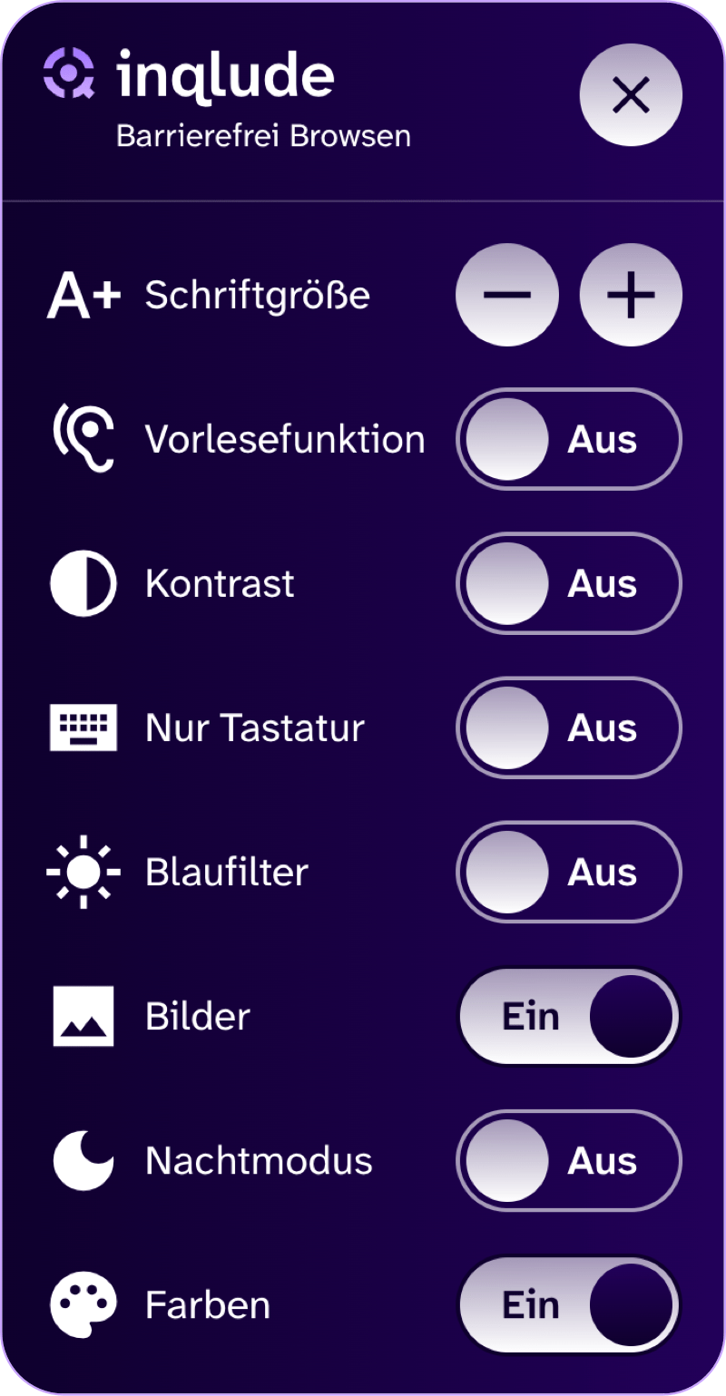 Geöffnetes Einstellungsmenü des inqlude Barrierefrei-Tools mit Optionen zur Anpassung der Schriftgröße, Aktivierung der Vorlesefunktion, Kontrastmodus, Tastaturnavigation, Blaufilter, Bildanzeige, Nachtmodus und Farbmodifikation. Aktuell sind ‚Bilder‘ und ‚Farben‘ aktiviert, alle anderen Funktionen sind ausgeschaltet.
